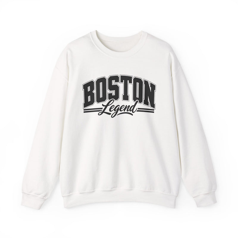 Sweatshirt with collegiate lettering reading BOSTON LEGEND, front view.