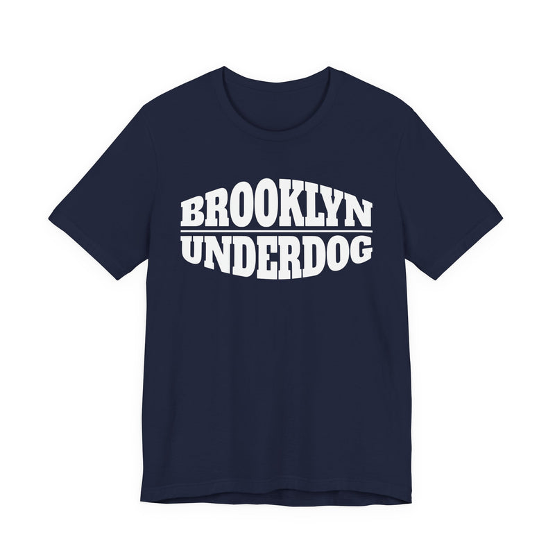 Navy T-shirt with white arched BROOKLYN and inverted-arch UNDERDOG collegiate print, front flat-lay view