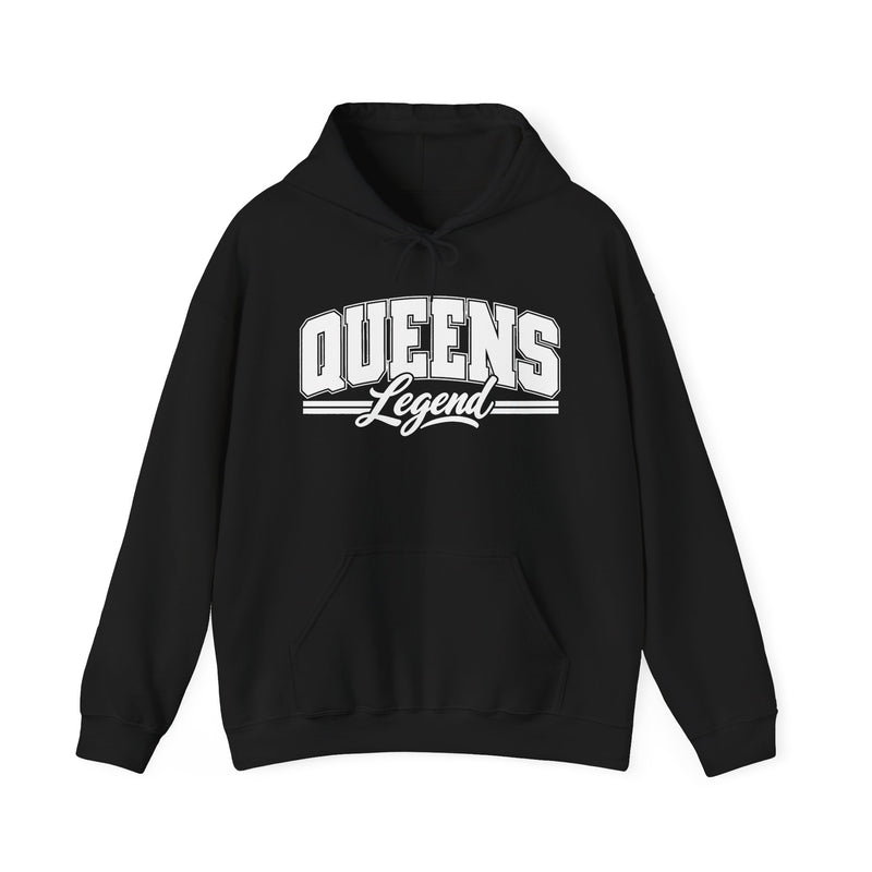 Black hoodie with white varsity block and script lettering reading QUEENS LEGEND, front flat-lay view.