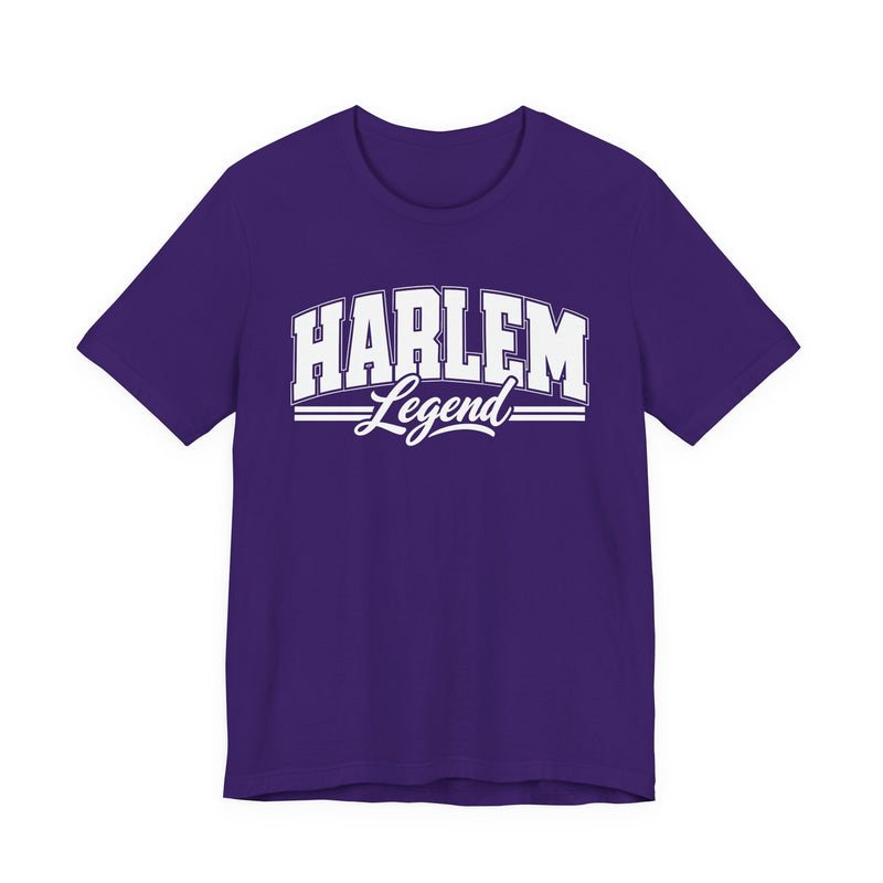 T-Shirt product with collegiate lettering reading HARLEM LEGEND, front view.