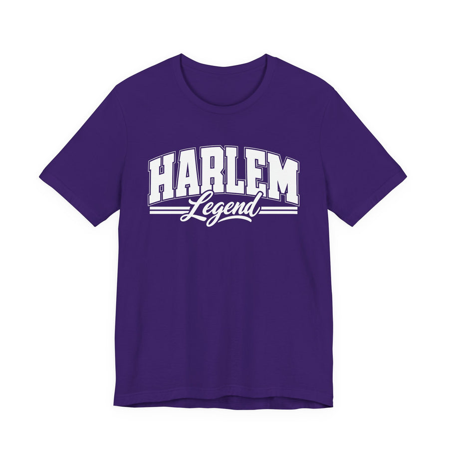T-Shirt product with collegiate lettering reading HARLEM LEGEND, front view.