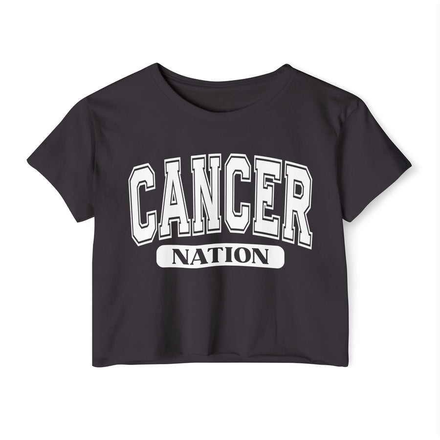 Black crop top with white arched CANCER collegiate lettering over a black NATION pill badge, front flat-lay view.
