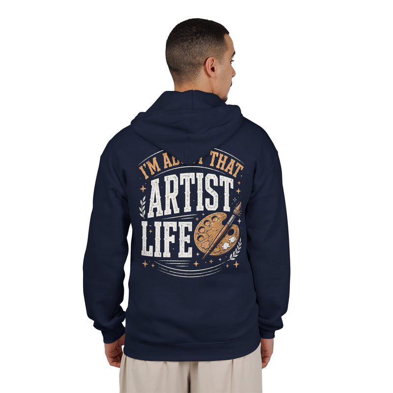 Black hoodie with white and gold bubble lettering reading I'M ABOUT THAT ARTIST LIFE, alternate view.