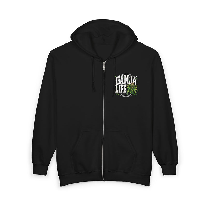 Zip Hoodie with white block lettering reading I'M ABOUT THAT GANJA LIFE, fabric detail close-up. Street Talk Designs 420 friendly statement apparel.