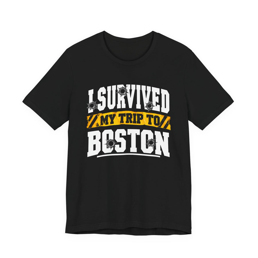 T-Shirt product with collegiate lettering reading I SURVIVED MY TRIP TO BOSTON, front view.