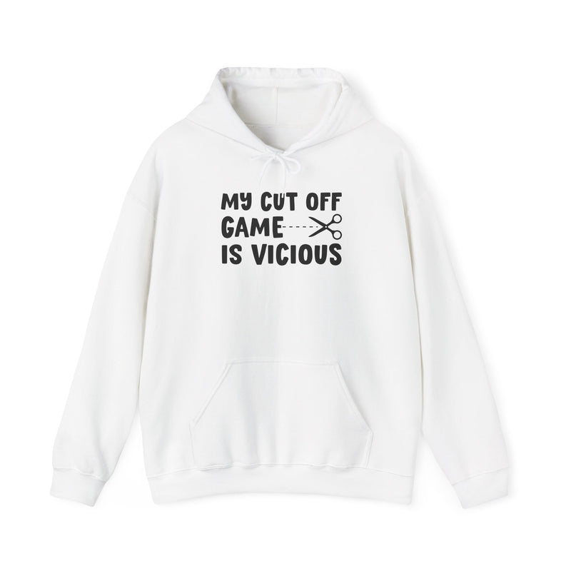 Cream hoodie with black collegiate lettering reading MY CUTOFF GAME IS VICIOUS, flat-lay view.