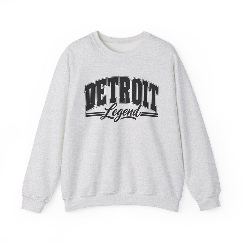Sweatshirt product photo with arched collegiate block lettering reading "DETROIT" with the word "Legend" in script beneath, front view.