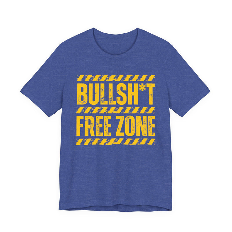 T-shirt in Heather True Royal with lettering reading "Bullshit Free Zone", front view.