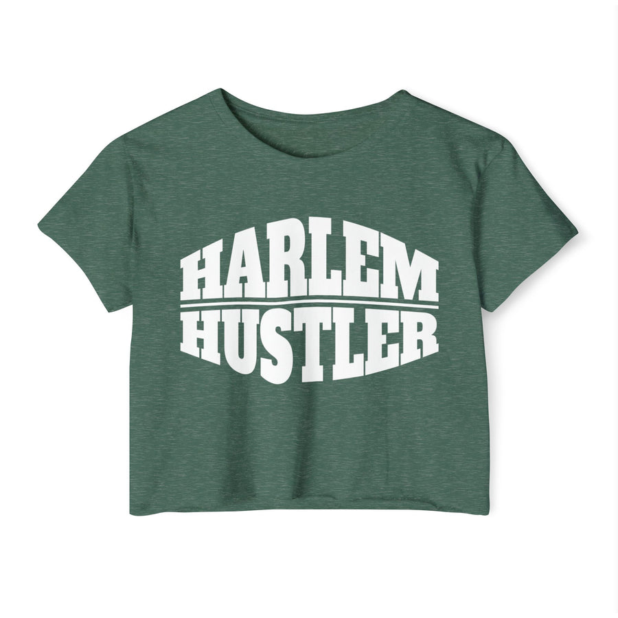 Military green crop top with white collegiate bubble lettering reading HARLEM HUSTLER, front flat-lay view.