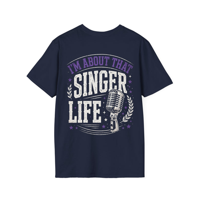 Navy t-shirt with purple and white lettering reading "I'M ABOUT THAT SINGER LIFE", back view.