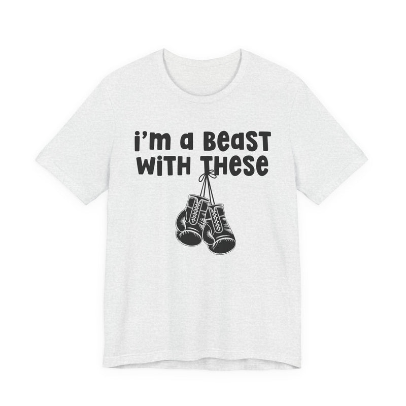 Military green t-shirt with boxing gloves and white collegiate lettering reading I'M A BEAST WITH THESE, front flat-lay view.