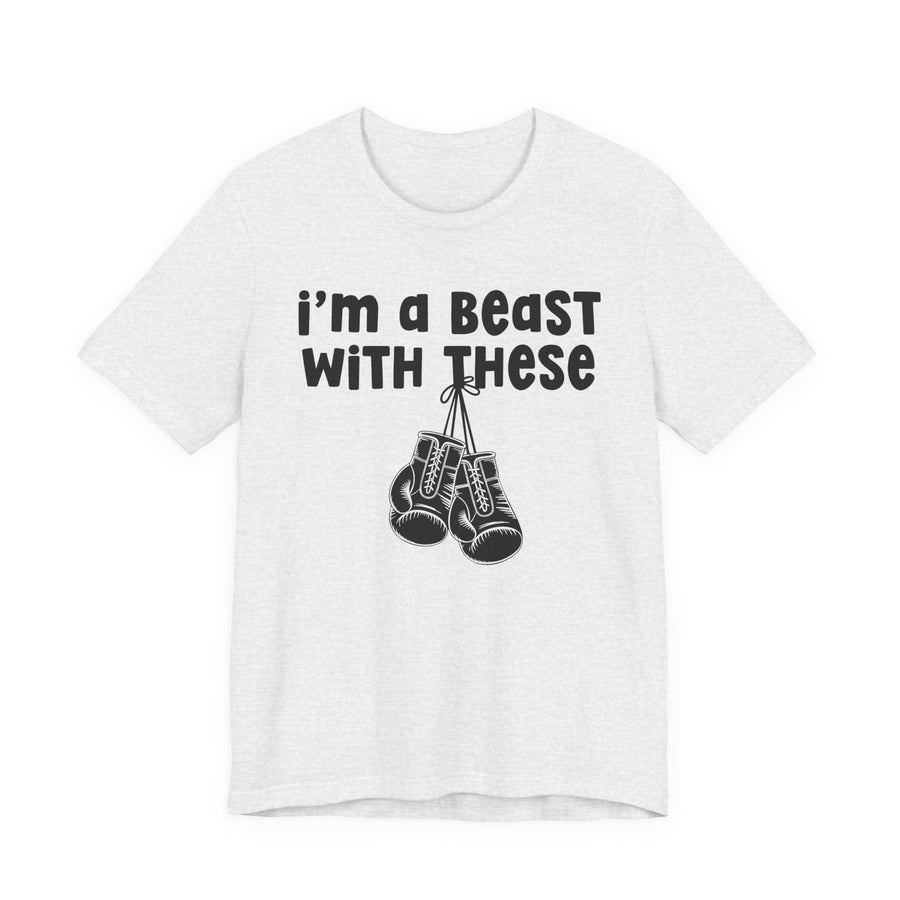 Military green t-shirt with boxing gloves and white collegiate lettering reading I'M A BEAST WITH THESE, front flat-lay view.