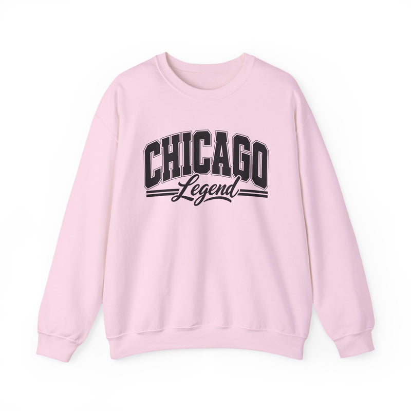 Sweatshirt product with collegiate lettering reading CHICAGO LEGEND, flat lay.