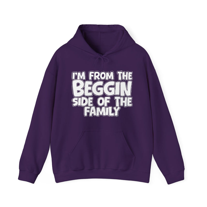 Navy hoodie with "I'M FROM THE BEGGIN SIDE OF THE FAMILY" in bold white outlined bubble lettering, front flat-lay view