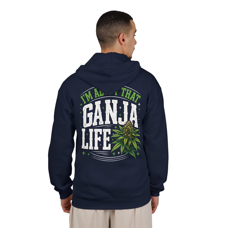 Zip Hoodie with white block lettering reading I'M ABOUT THAT GANJA LIFE, alternate view 7. Street Talk Designs 420 friendly statement apparel.