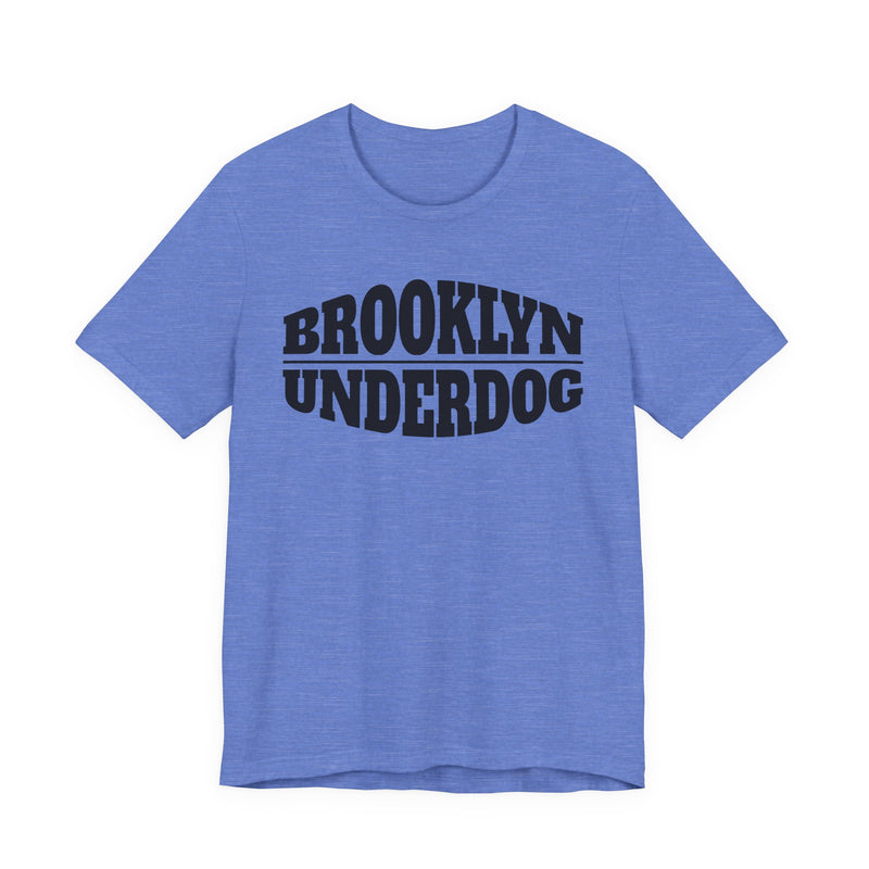Heather Columbia Blue T-shirt with black arched BROOKLYN and inverted-arch UNDERDOG collegiate print, front flat-lay view
