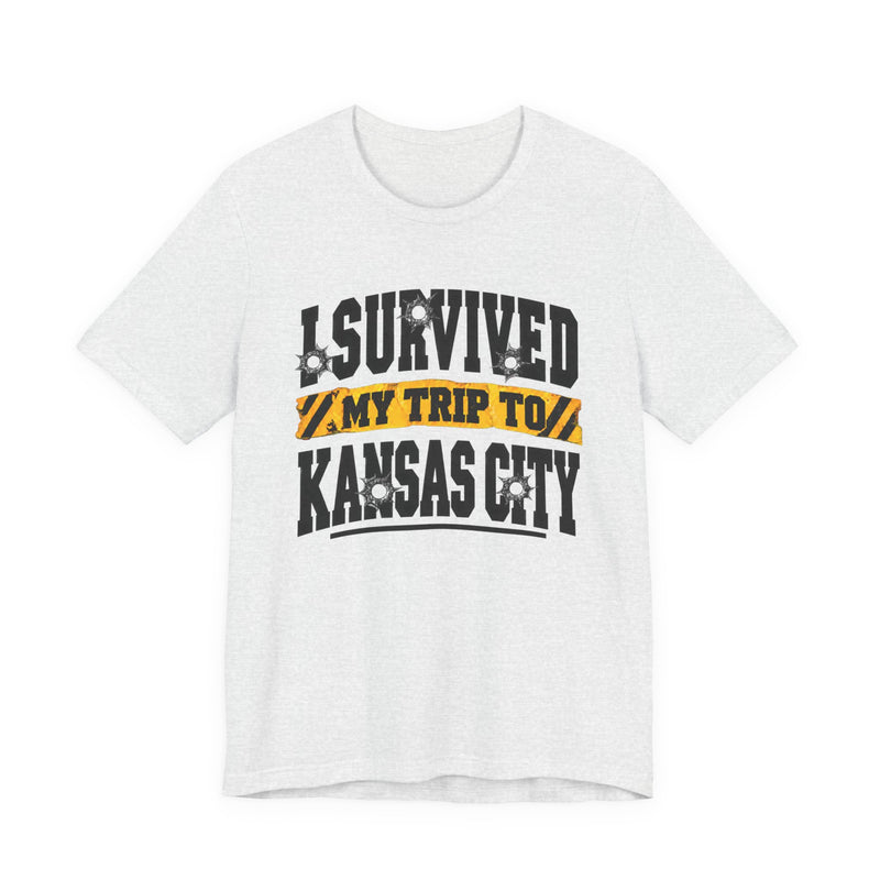 T-Shirt product with collegiate lettering reading I SURVIVED MY TRIP TO KANSAS CITY, flat lay.