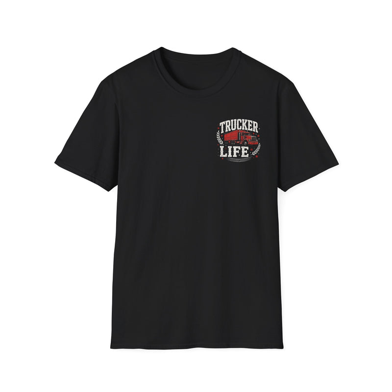 Charcoal t-shirt with small white and red chest print reading "TRUCKER LIFE", front flat-lay view.