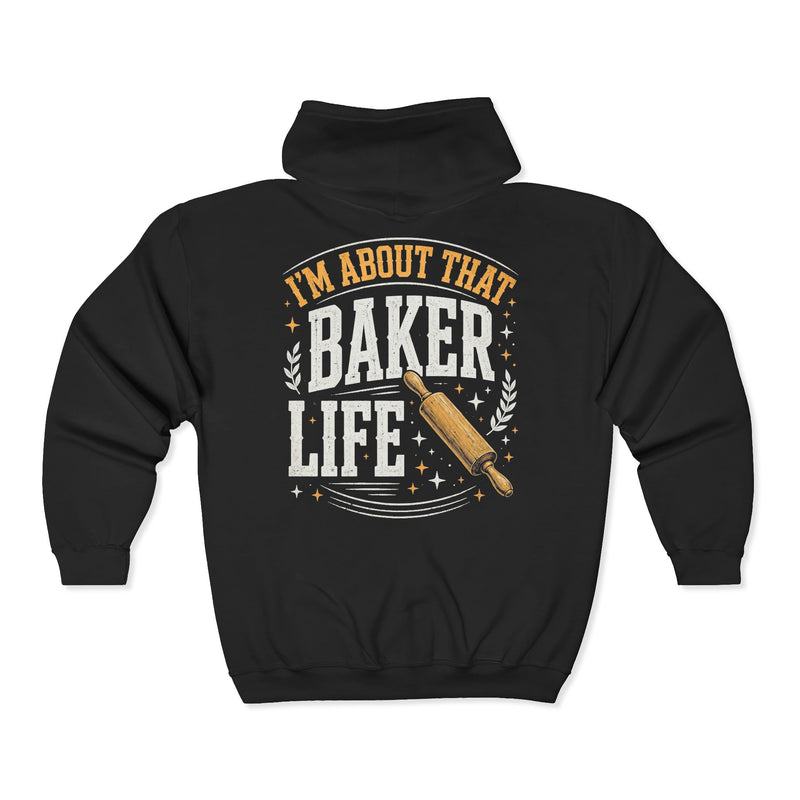 Black-color zip hoodie with gold and white lettering reading I'M ABOUT THAT BAKER LIFE, back.