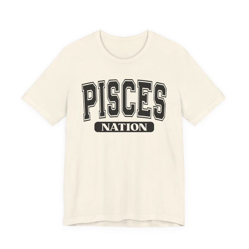 Natural T-shirt with black arched collegiate PISCES lettering and boxed NATION print, front view.