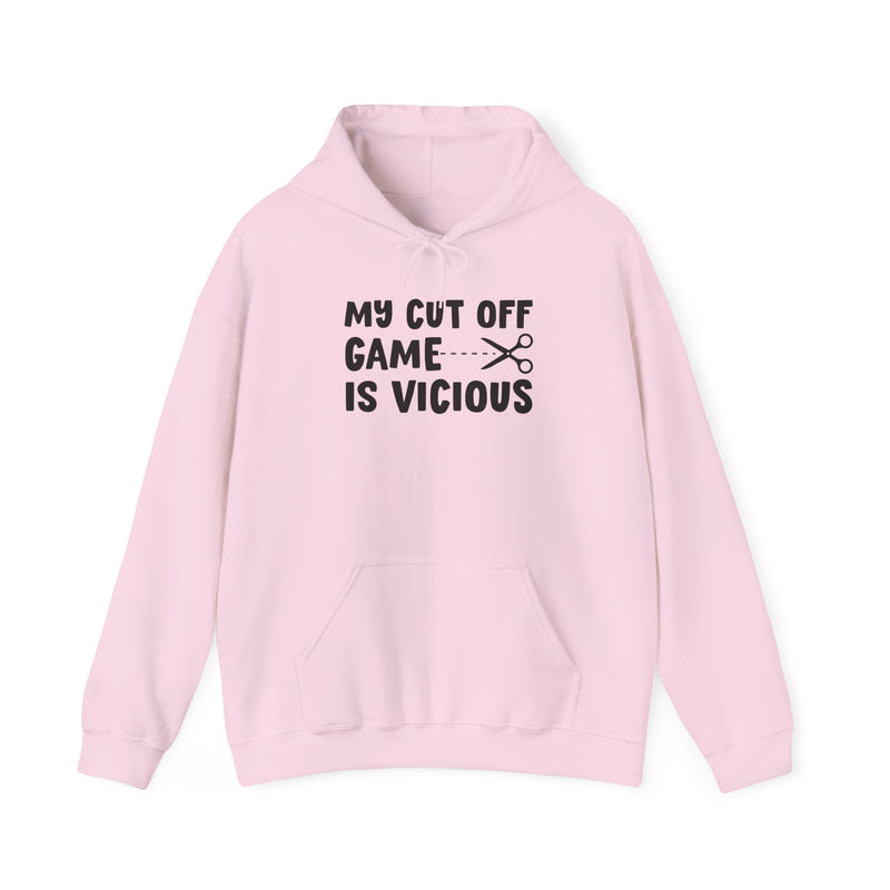 White hoodie with black collegiate lettering reading MY CUTOFF GAME IS VICIOUS, flat-lay view.
