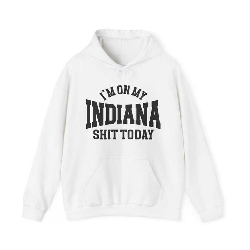 Hoodie with collegiate lettering reading I'M ON MY INDIANA SHIT TODAY, front view.