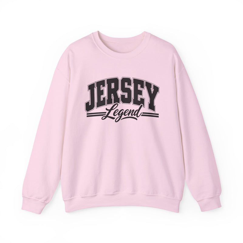Sweatshirt product photo with arched collegiate block lettering reading "JERSEY" with the word "Legend" in script beneath, front view.