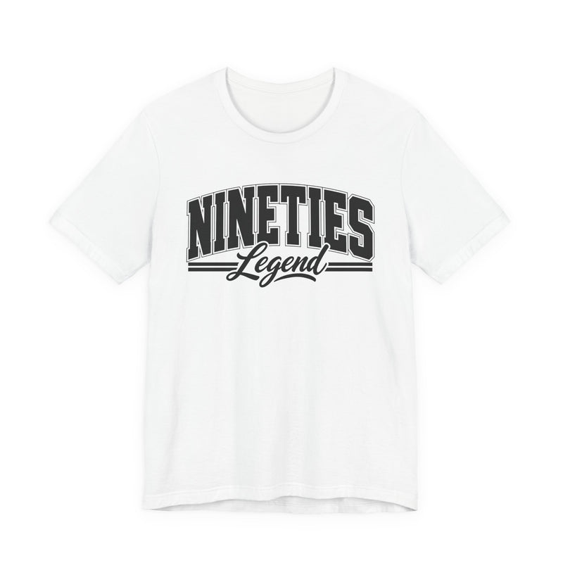 T-shirt with bold lettering reading NINETIES LEGEND, product view.