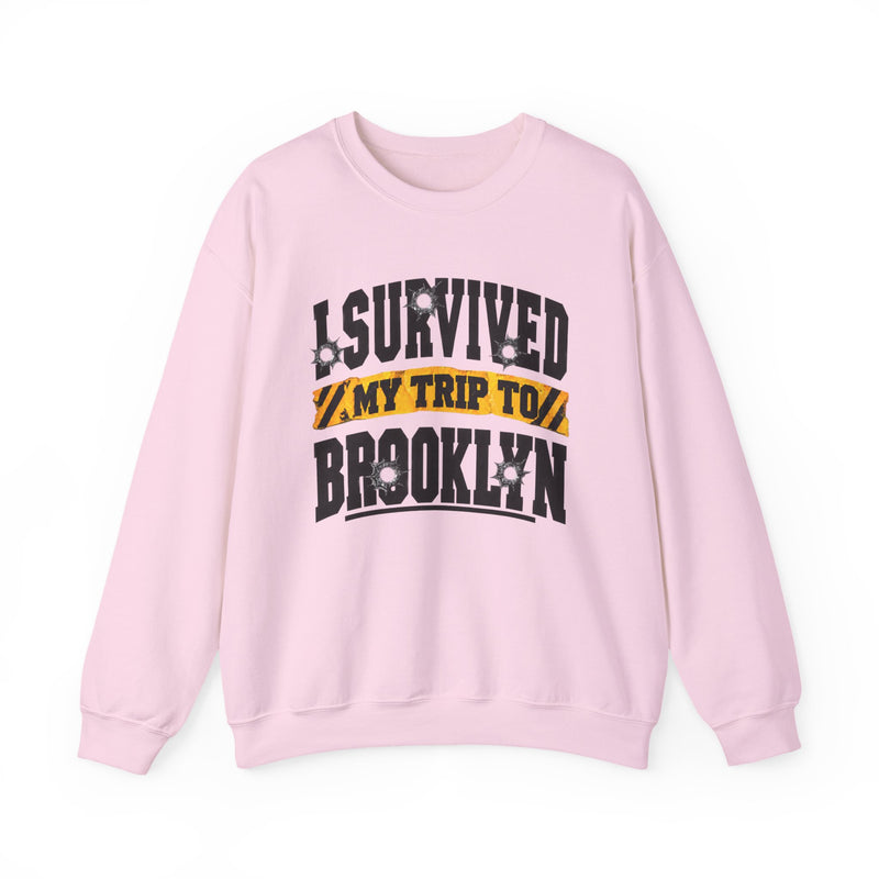 Sweatshirt with collegiate lettering reading I SURVIVED MY TRIP TO BROOKLYN, front view.