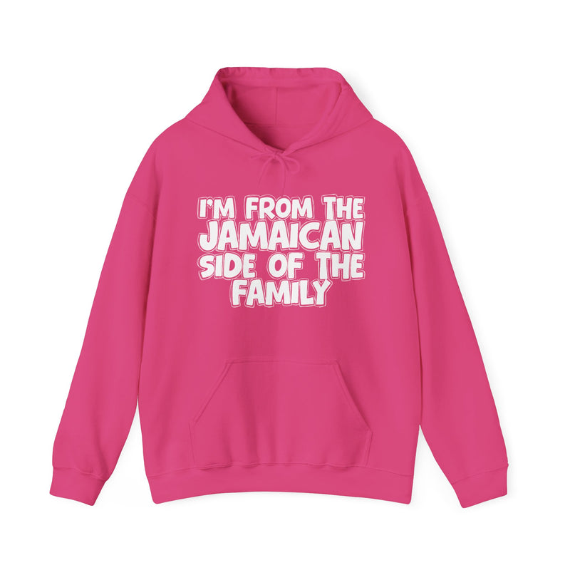 Heliconia hoodie with 'I'M FROM THE JAMAICAN SIDE OF THE FAMILY' in white hand-drawn bubble lettering on the chest, front flat-lay mockup view.