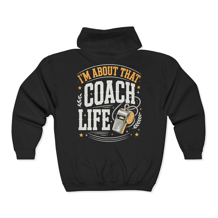 Black zip hoodie with multicolor retro I'M ABOUT THAT COACH LIFE lettering and whistle graphic, back view.