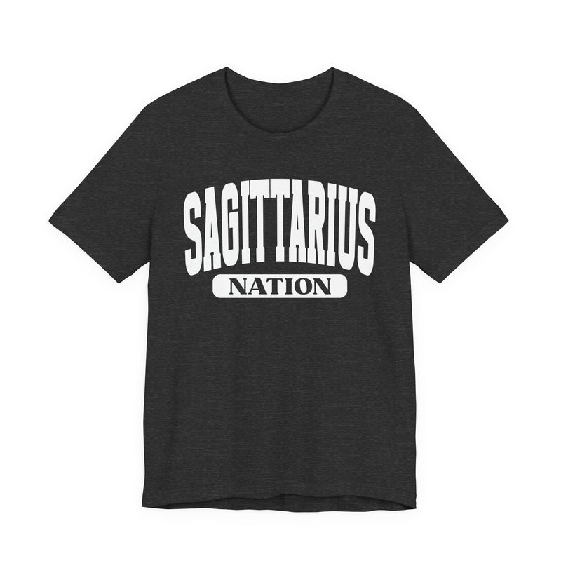 Deep Heather t-shirt with white arched SAGITTARIUS collegiate lettering and NATION banner print, front flat-lay view.