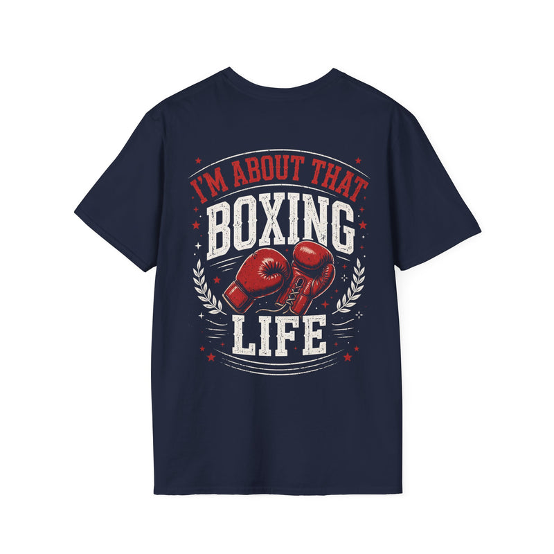 Navy t-shirt with white and red lettering reading "I'M ABOUT THAT BOXING LIFE", back view.