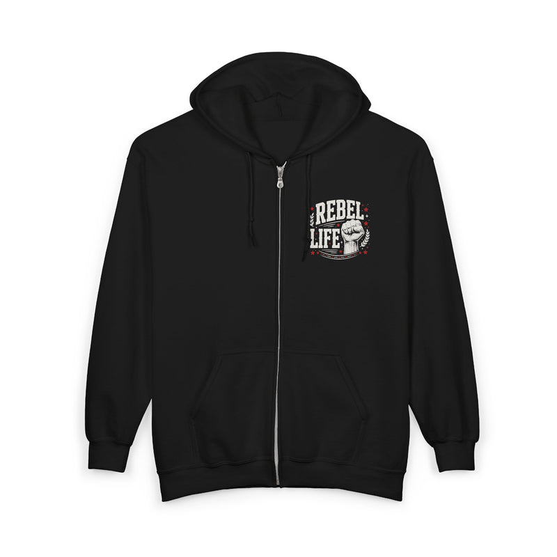 Black zip hoodie with white and red chest lettering reading "REBEL LIFE", front flat-lay view.