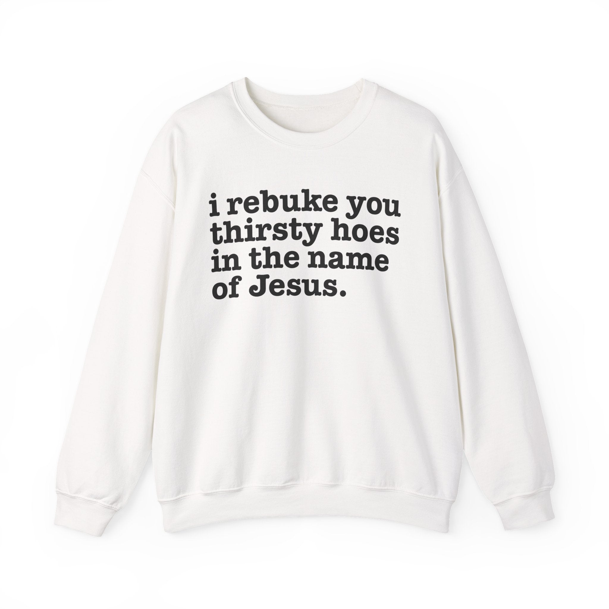 I Rebuke You Thirsty Hoes in the Name of Jesus — Christian Humor Sweatshirt