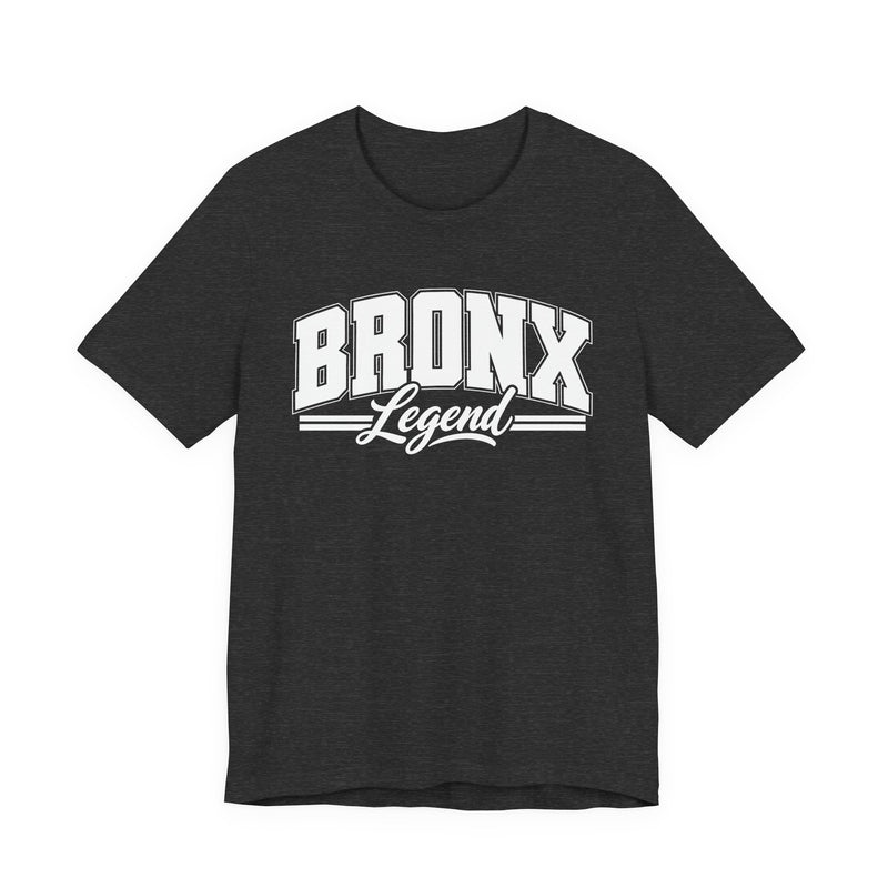 T-Shirt product photo with arched collegiate block lettering reading "BRONX" with the word "Legend" in script beneath, front view.