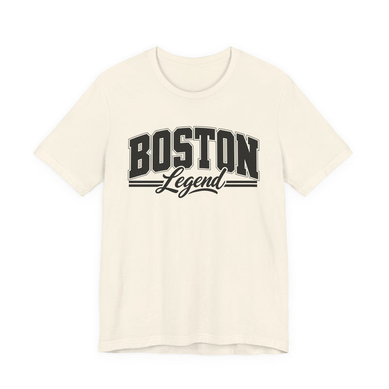 T-Shirt with collegiate lettering reading BOSTON LEGEND, front view.