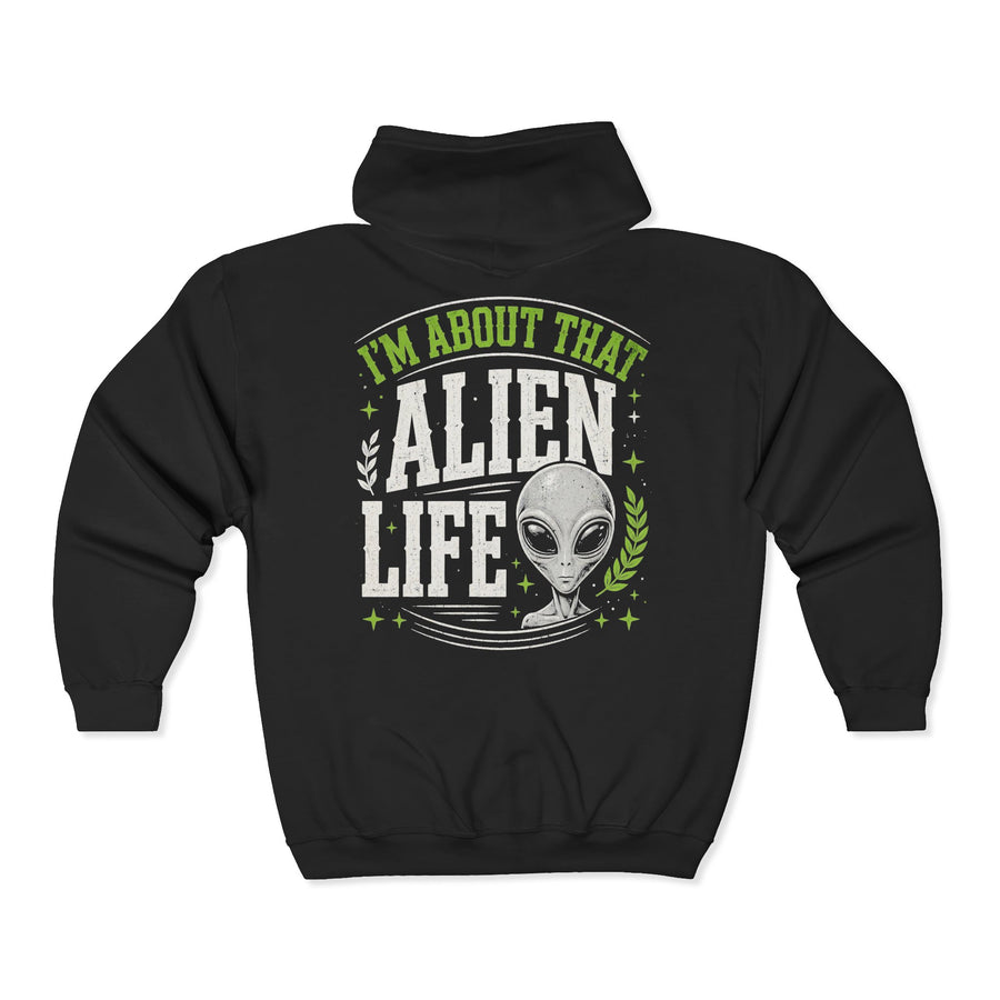 Black zip hoodie with multicolor retro I'M ABOUT THAT ALIEN LIFE lettering and alien graphic, back view.
