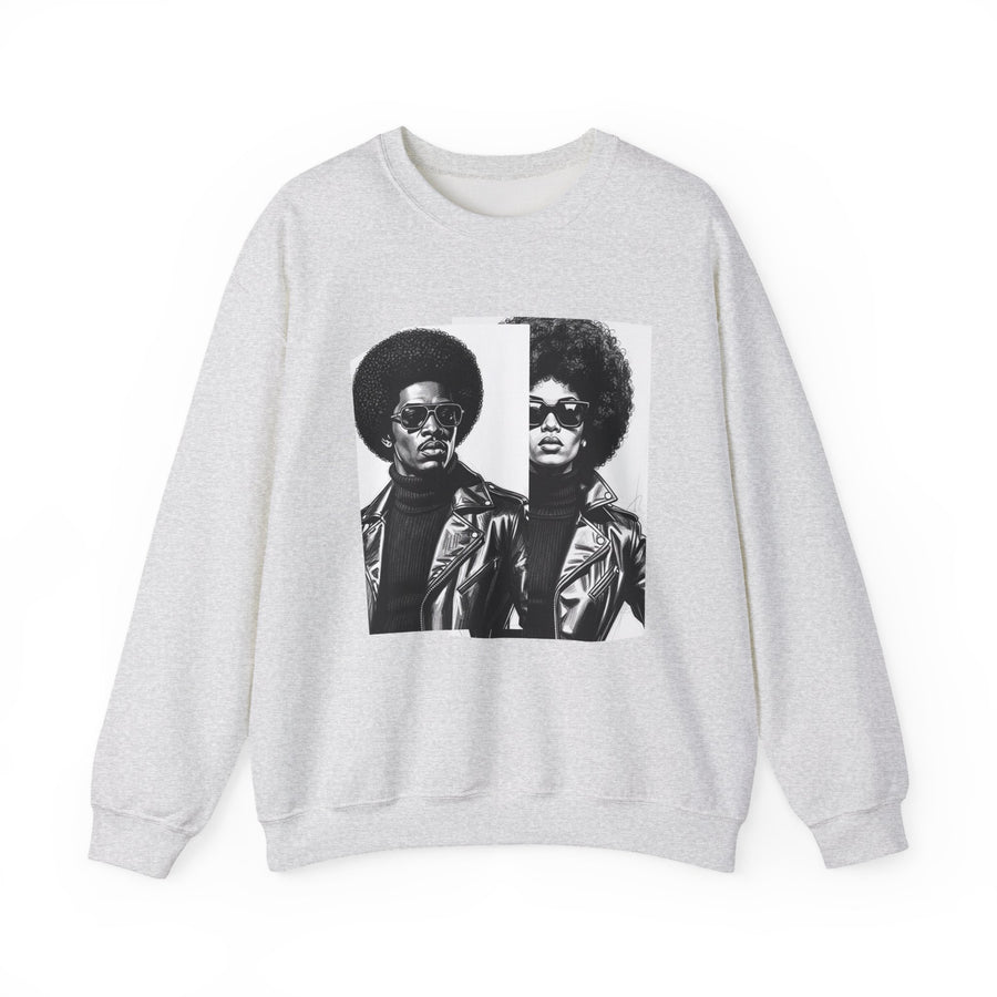 White sweatshirt with a black-and-white 70s-style portrait of a Black couple with afros, sunglasses, and leather jackets, front view.