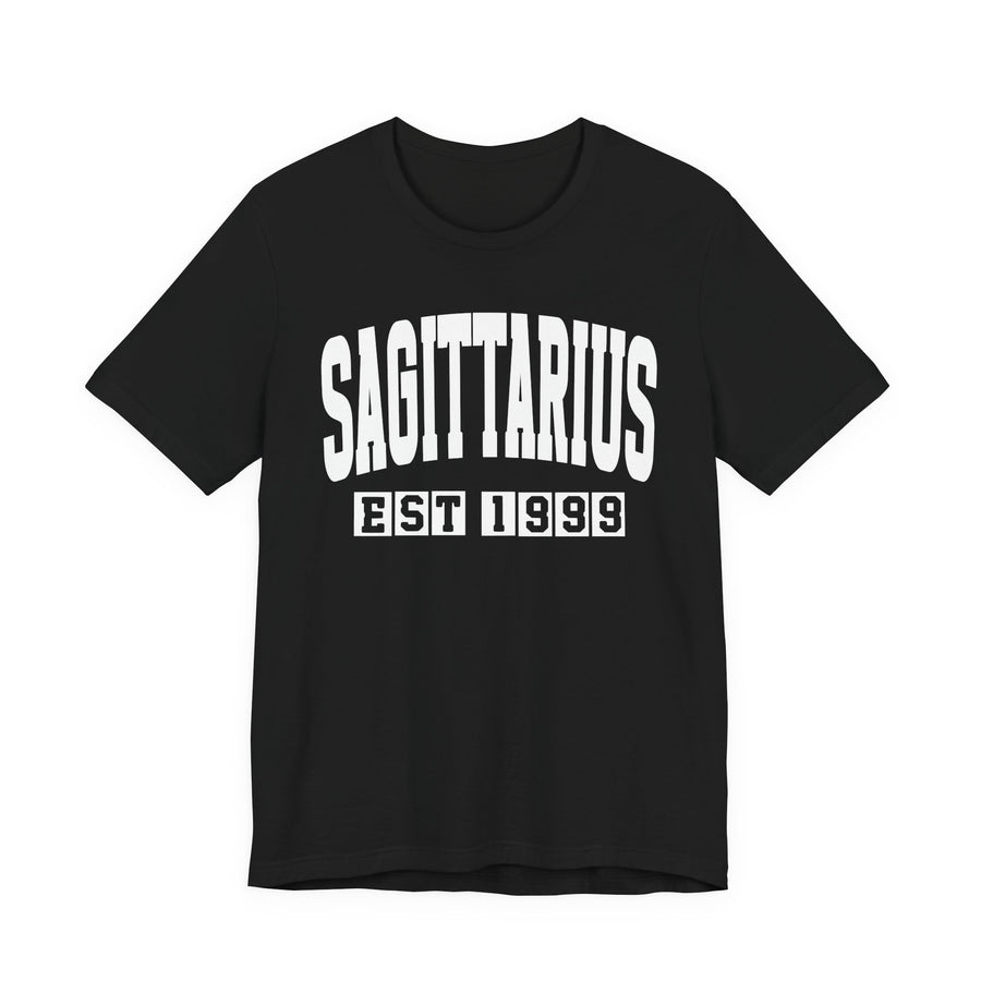 Black t-shirt with white arched SAGITTARIUS lettering and boxed EST 1999 print, front view