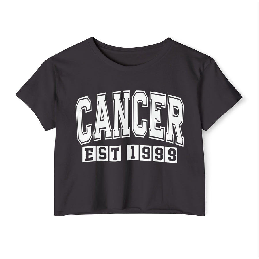 Charcoal crop top with white arched CANCER lettering and boxed EST 1999 print, front view.