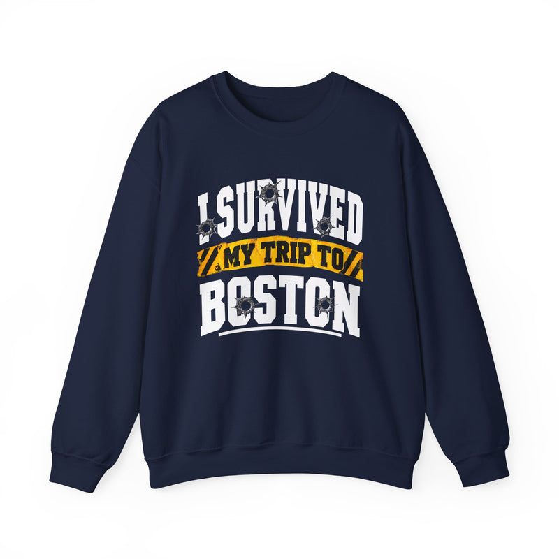 Sweatshirt product with collegiate lettering reading I SURVIVED MY TRIP TO BOSTON, front view.