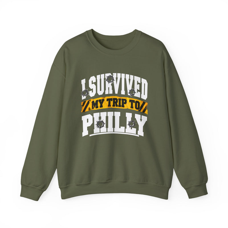 Sweatshirt with bold lettering reading I SURVIVED MY TRIP TO PHILLY, product view.