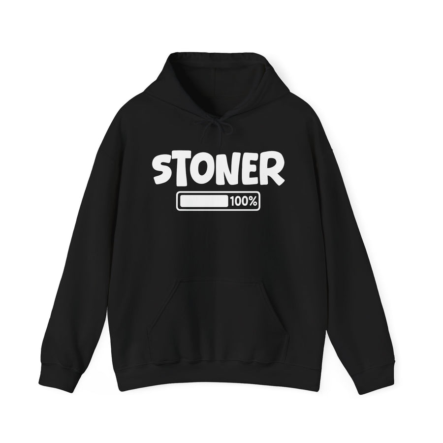 Stoner 100% Charged — Hoodie front view: STONER in white block lettering above a battery charge bar reading 100 percent — white block lettering above a battery charge bar reading 100 percent on black. Street Talk Designs mood statement apparel.