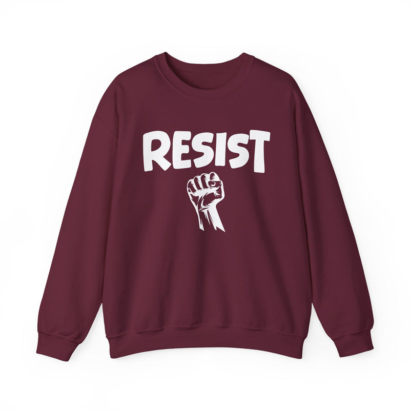 Maroon sweatshirt with white lettering reading "RESIST", front flat-lay view.