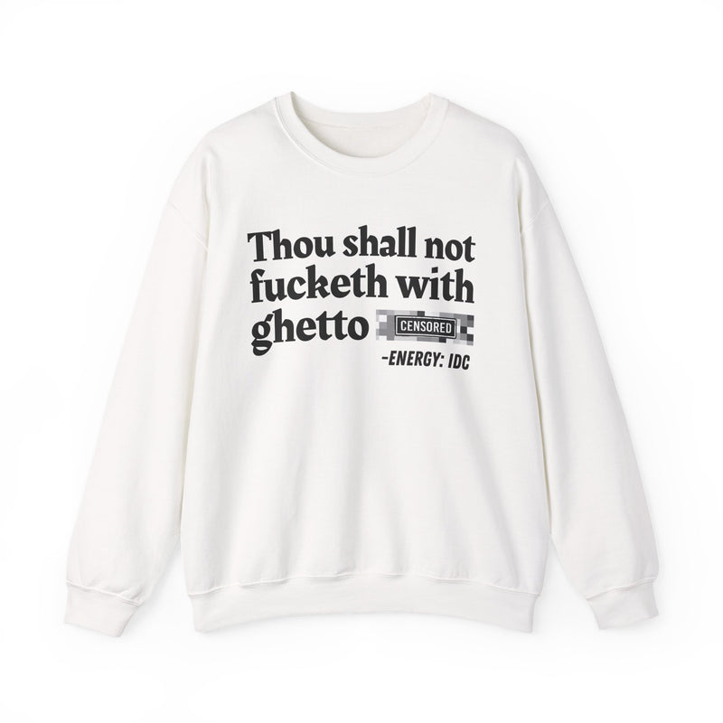 T-Shirt with text design reading “THOU SHALL NOT FUCKETH WITH GHETTO CENSORED BITCH VINTAGE FUNNY BIBLE PRINT SLOGAN T-SHIRT V2”, front view