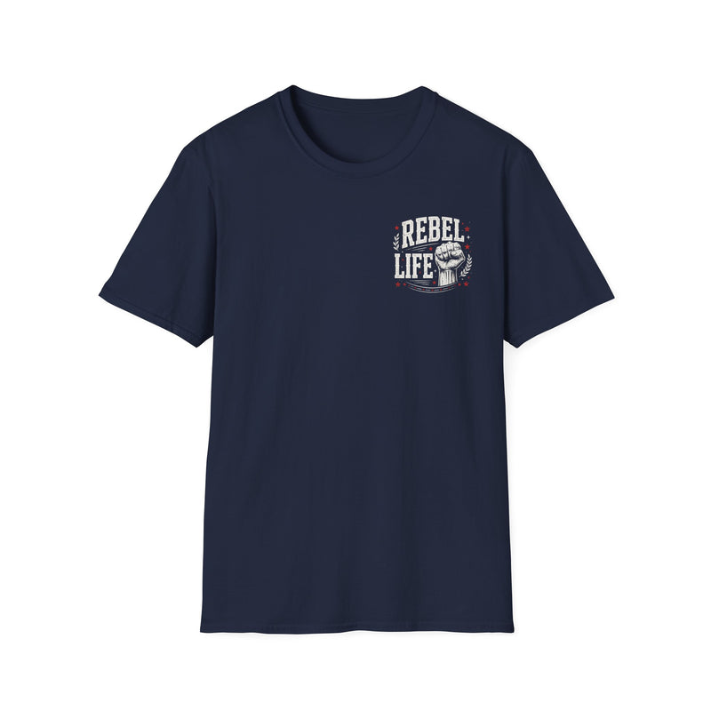 Navy t-shirt with small I'M ABOUT THAT REBEL LIFE chest emblem, front view.