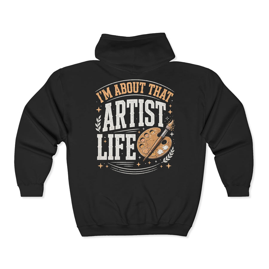 Black hoodie with white and gold bubble lettering reading I'M ABOUT THAT ARTIST LIFE, back view.