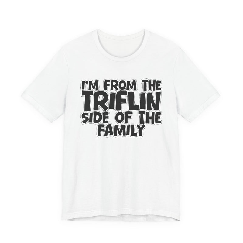 Athletic Heather t-shirt with "I'M FROM THE FAKE SIDE OF THE FAMILY" in bold black outlined bubble lettering, front flat-lay view