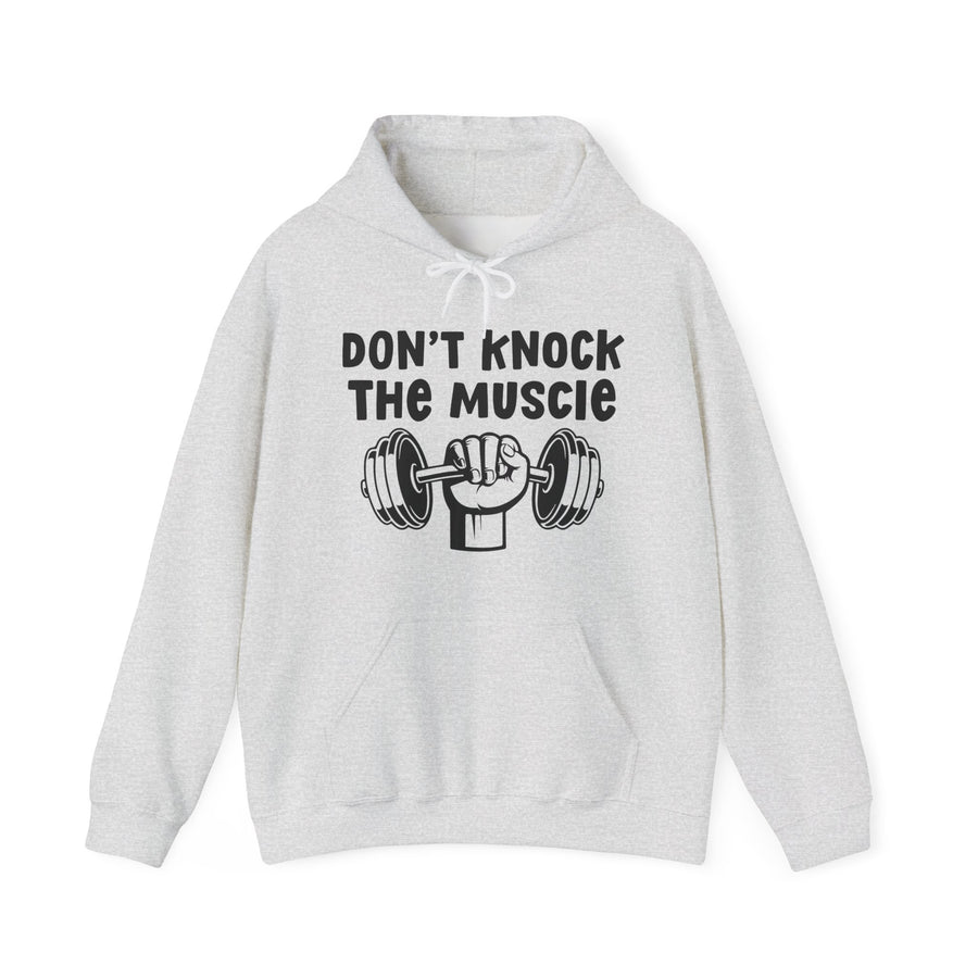 Ash hoodie with the "DON'T KNOCK THE MUSCLE" graphic, front view.